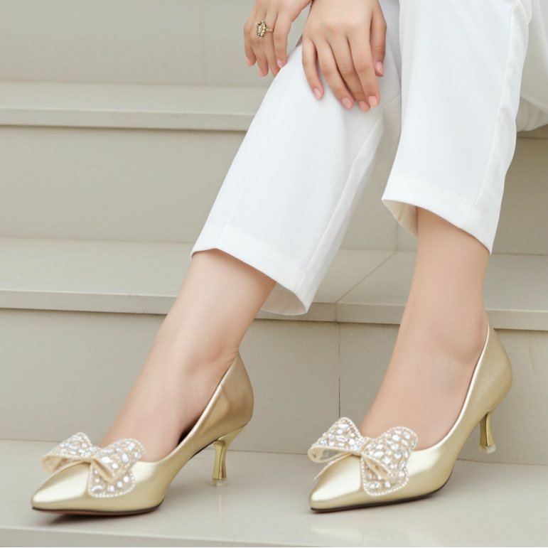 Gold Embellished Kitten Heels - 8108161