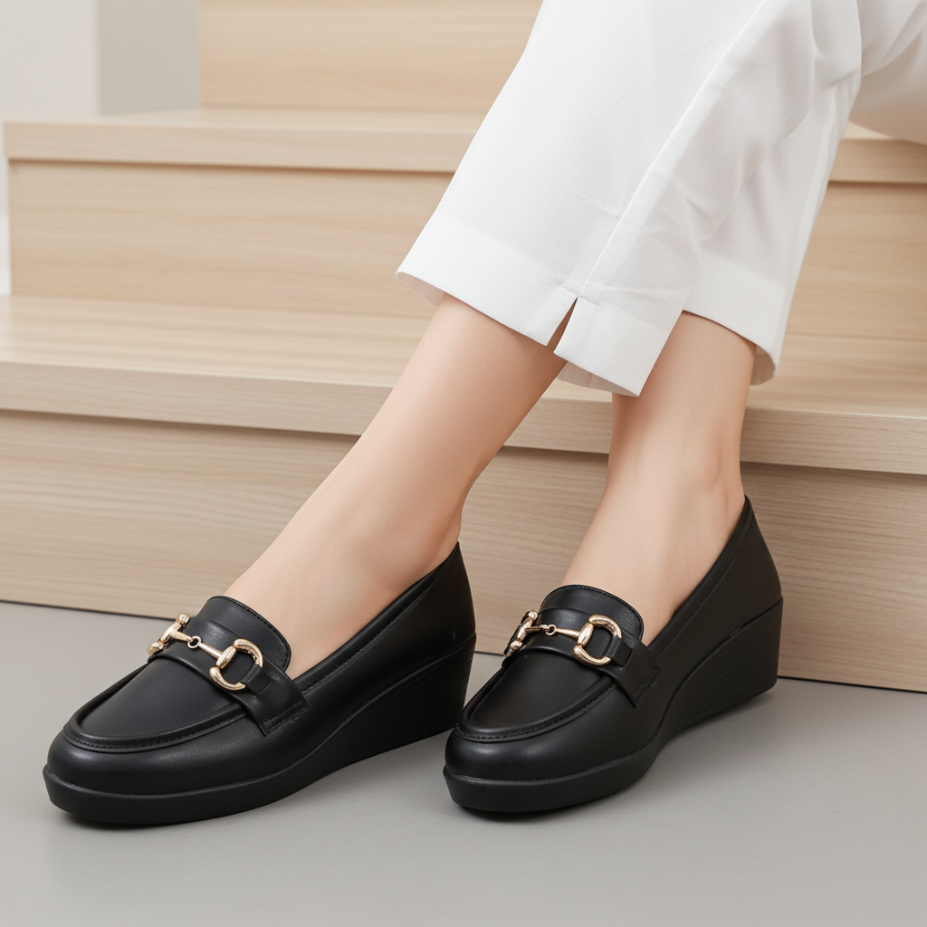 Black Women's Wedge Loafers  8004421