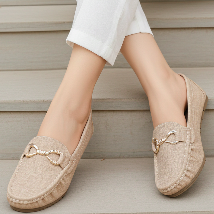Textured Beige Loafers with Gold Buckle 8004347 Beige