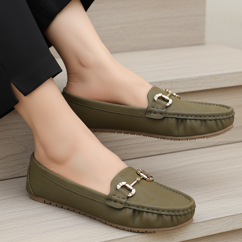 Classic Olive Green Loafers with Buckle Detail 8004350 GREEN