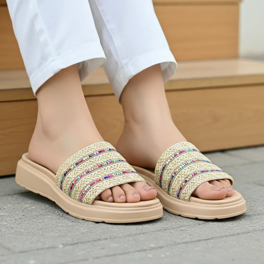 Crystal Raffia Slides 8003561 Beige